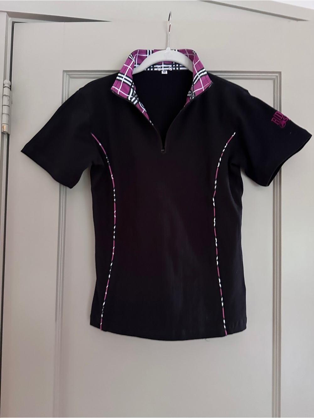 Black Short Sleeve Polo with Purple Plaid Collar